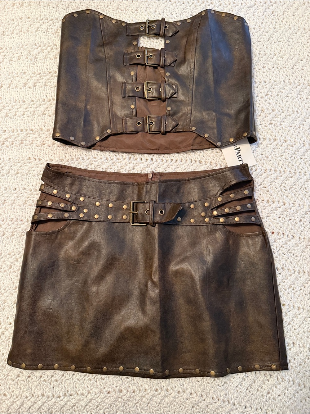 Sister Party Studded Brown Faux Leather Corset Top & Mini Skirt Set - Picture 2 of 5